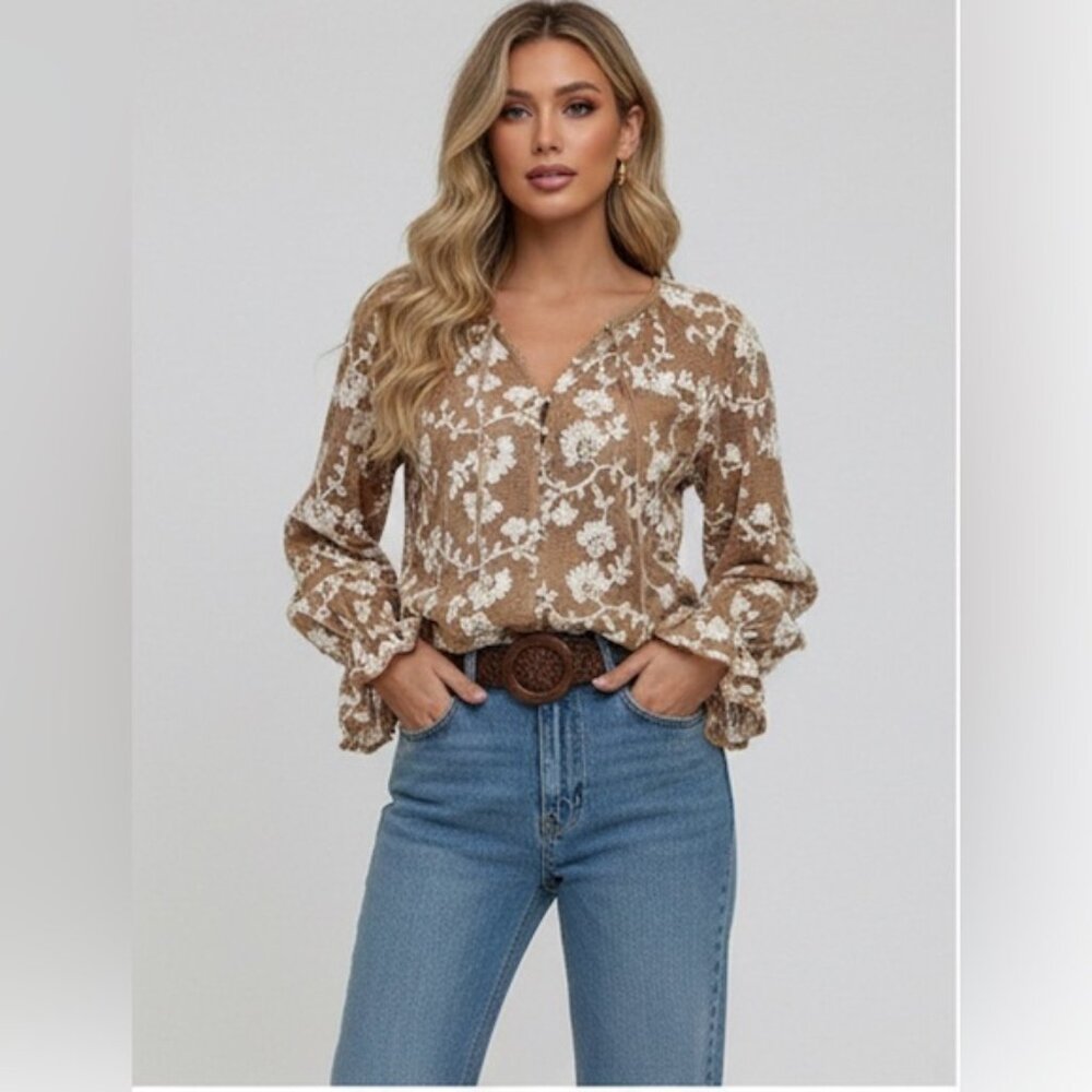 Embroidered Tie Front  Button Down Knit Top Brown